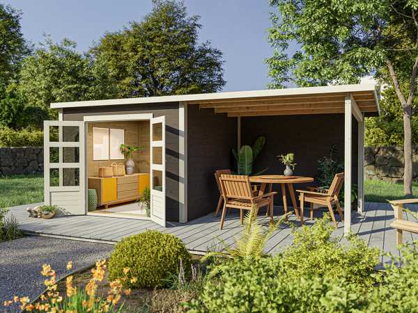 Gartenhaus Wacken 6 28 mm terragrau, inkl. 3 m Anbau + Rückwand | Alle  Gartenhäuser | Gartenhäuser & Gerätehäuser | Garten | Holzprofi24