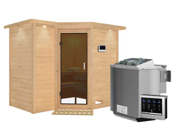 Massivholzsauna Sahib 2 mit Dachkranz, graphit Ganzglastür, inkl. 9 kW Bio-Ofen ext. Steuerung