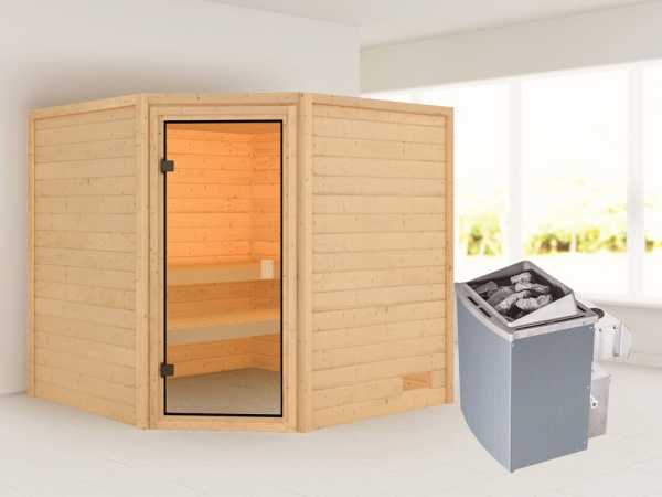 Sauna Tilda mit bronzierter Glastür + 9 kW Saunaofen integr. Strg.