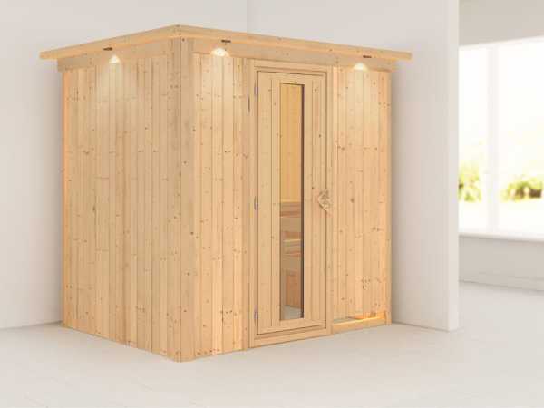 Sauna Systemsauna Fanja mit Dachkranz, Energiespartür