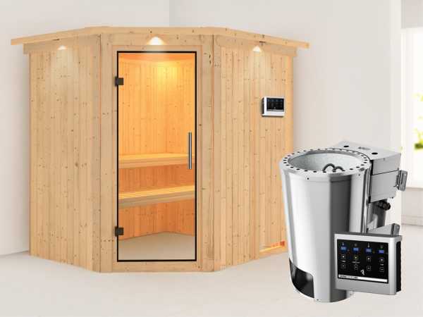 Sauna Systemsauna Lilja mit Dachkranz, Klarglas Ganzglastür + Plug &amp; Play Bio-Ofen mit ext. Strg