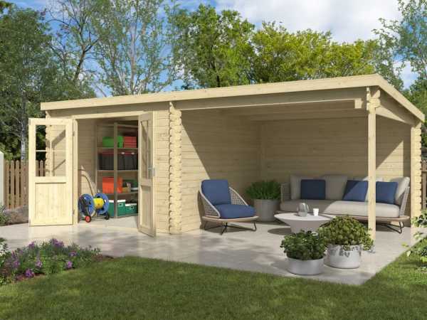 Gartenhaus Blockbohlenhaus Orlando Exklusiv 28 mm naturbelassen mit 3 m Anbau