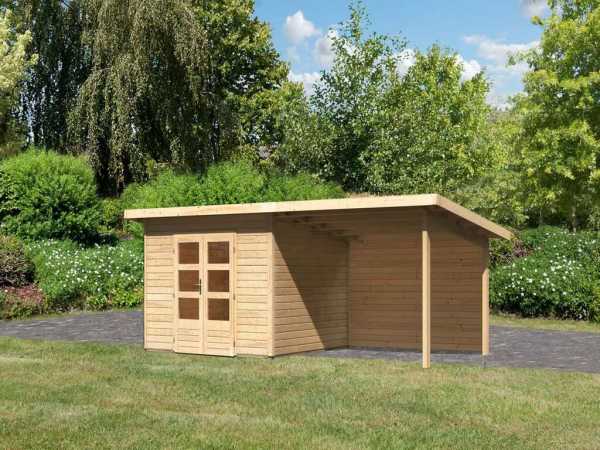 Gartenhaus SET Northeim 3 – mit naturbelassenem Holz, inkl. 3,3 m Anbaudach + Rückwand