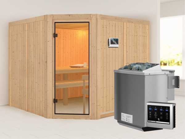 Sauna Ystad mit bronzierter Glastür + 9 kW Bio-Kombiofen mit ext. Strg.