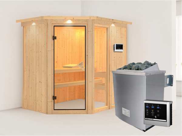 Sauna Systemsauna Fiona 1 mit Dachkranz, inkl. 9 kW Saunaofen ext. Steuerung