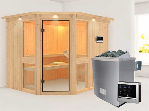 Sauna Systemsauna Amelia 3 mit Dachkranz, inkl. 9 kW Saunaofen ext. Steuerung