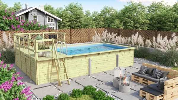 Massivholzpool Rechteck Pool 2 Sparset inkl. Poolterrassen