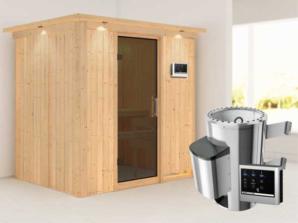 Sauna Systemsauna Fanja mit Dachkranz, graphit Ganzglastür + Plug & Play Saunaofen mit ext. Strg