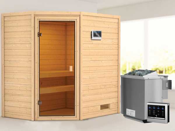 Sauna "Jella" mit bronzierter Glastür + 9 kW Bio-Kombiofen ext. Strg.