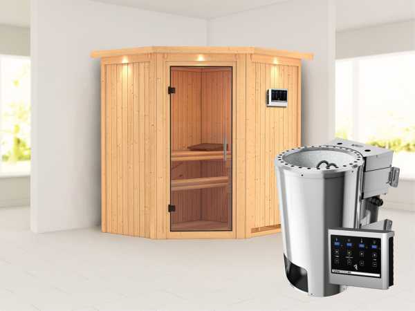 Sauna Systemsauna Tonja mit Dachkranz, Klarglas Ganzglastür + Plug & Play Bio-Ofen mit externer Steu