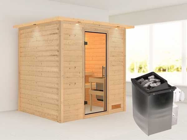 Sauna Massivholzsauna Anja mit Dachkranz, inkl. 9 kW Ofen mit integrierter Steuerung