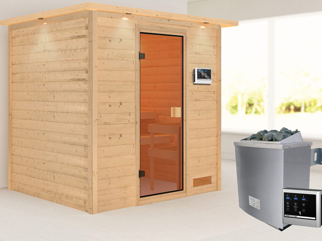 Sauna Massivholzsauna Adelina mit Dachkranz, inkl. 4,5 kW Ofen mit externer  Steuerung | Massivholzsaunen | Innensaunen | Sauna | Holzprofi24