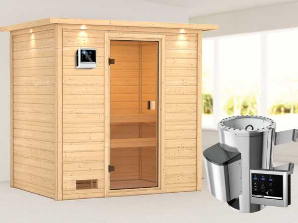 Sauna Selena mit bronzierter Glastür und Dachkranz + 3,6 kW Plug & Play Saunaofen ext. Strg.