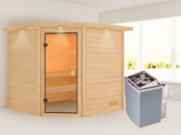 Sauna "Tilda" mit bronzierter Glastür und Dachkranz + 9 kW Saunaofen integr. Strg.