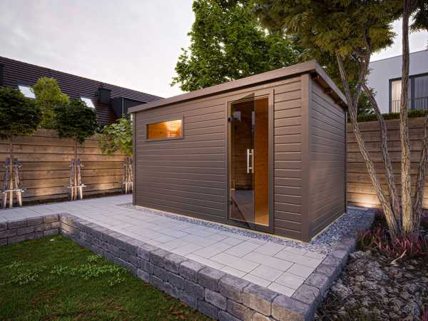 Gartensauna Lene 6 terragrau SPARSET 9kW Ofen und ext. Strg
