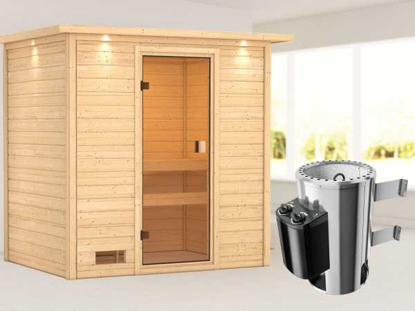 Sauna Selena mit bronzierter Glastür und Dachkranz + 3,6 kW Plug & Play Saunaofen integr. Strg.