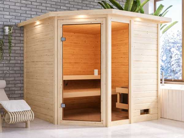 Sauna Tabea mit bronzierter Glastür und Dachkranz + 9 kW Saunaofen integr. Strg.