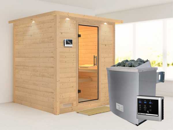 Sauna Massivholzsauna Mojave mit Dachkranz, Klarglas Ganzglastür + 9 kW Saunaofen mit ext.Strg