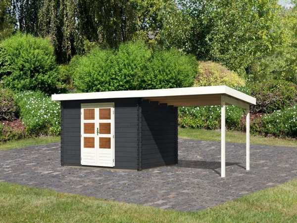 Gartenhaus Blockbohlenhaus SET Bastrup 7 28 mm anthrazit inkl. 3 m Anbaudach