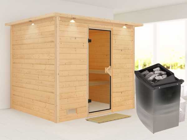 Massivholzsauna Sonara mit Dachkranz bronzierte Ganzglastür