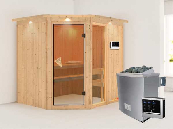 Sauna Systemsauna Fiona 2 mit Dachkranz, inkl. 9 kW Saunaofen ext. Steuerung