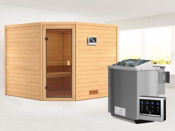 Sauna Massivholzsauna Leona bronzierte Ganzglastür + 9 kW Bio-Kombiofen mit ext. Strg