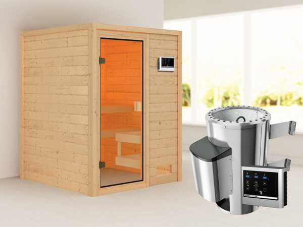Sauna Sandra mit bronzierter Glastür + 3,6 kW Plug & Play Saunaofen ext. Strg.
