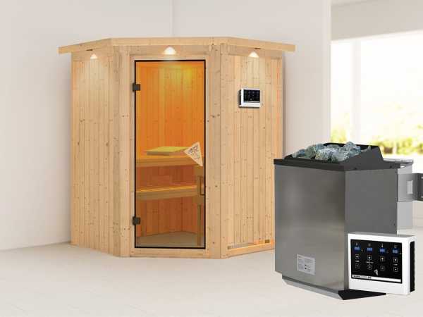 Sauna Systemsauna Larin mit Dachkranz, inkl. 9 kW Bio-Ofen mit externer Steuerung