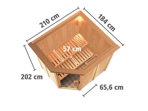 Sauna Systemsauna Siirin mit Dachkranz, inkl. 9 kW Ofen mit externer Steuerung