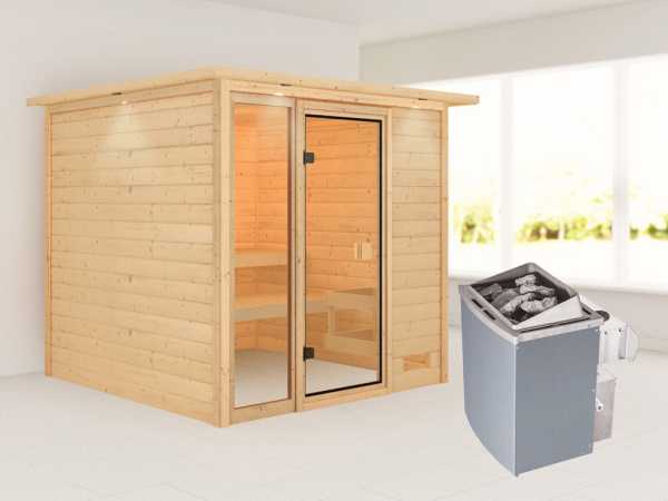 Sauna Jutta mit bronzierter Glastür und Dachkranz + 9 kW Saunaofen integr. Strg.