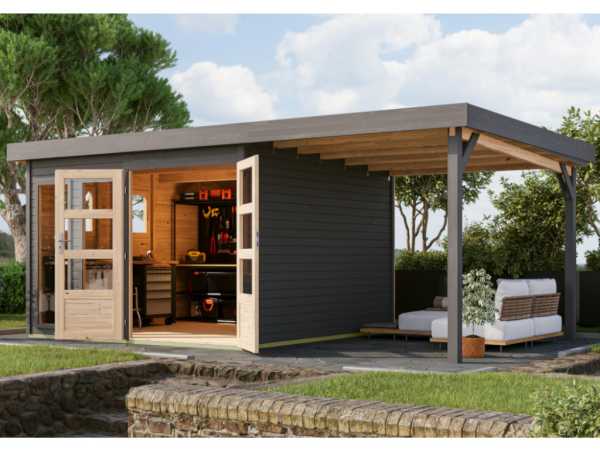 Gartenhaus Lahar 6 19 mm rundum terragrau mit Anbaudach 2,40 m Breite