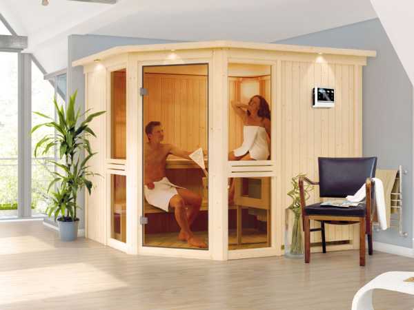 Sauna Systemsauna Amelia 3 mit Dachkranz, inkl. 9 kW Bio-Kombiofen ext. Steuerung