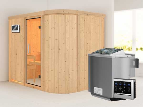 Sauna Systemsauna Titania 4 Klarglas Ganzglastür + 9 kW Bio-Kombiofen mit ext.Strg