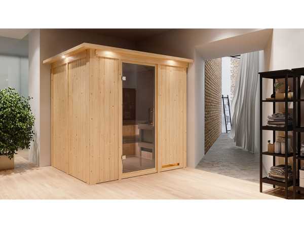 Sauna Systemsauna Sodin mit Dachkranz, inkl. 9 kW Bio-Ofen mit externer Steuerung