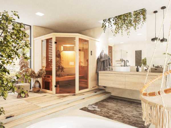 Sauna Systemsauna Letta 1 mit extra Liegen, 9kW Ofen finnisch und ext. Steuerung