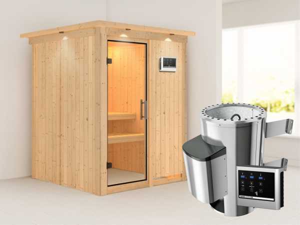 Sauna Systemsauna Minja mit Dachkranz, Klarglas Ganzglastür + Plug & Play Saunaofen mit ext. Strg