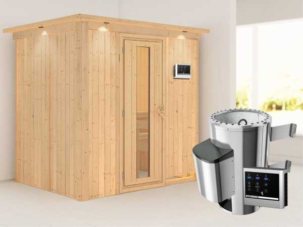 Sauna Systemsauna Fanja mit Dachkranz, Energiespartür + Plug &amp; Play Saunaofen mit ext. Steuerung