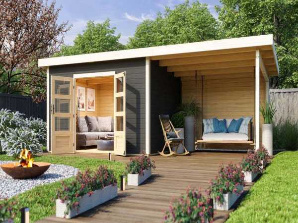 Gartenhaus SET Northeim 4 - Terragrau, inkl. 3,3 m Anbaudach + Rückwand