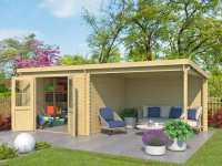 Gartenhaus Blockbohlenhaus Orlando Exklusiv 28 mm naturbelassen mit 3 m Anbau