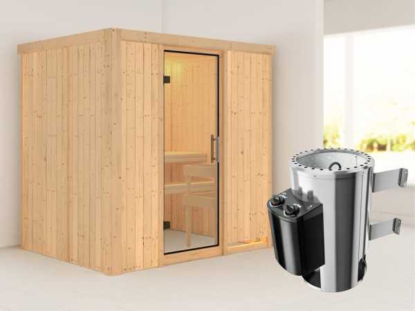 Sauna Systemsauna Fanja Klarglas Ganzglastür + Plug & Play Saunaofen mit Steuerung
