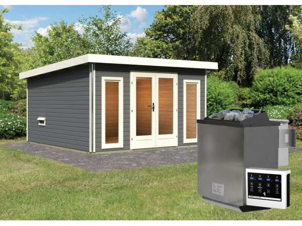 Saunahaus Mainburg 3 terragrau 38 mm inkl. Bio-Kombiofen 9 kW + ext. Steuerung