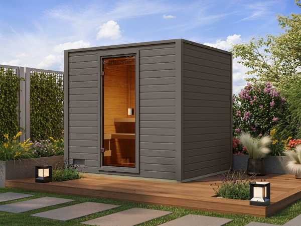 Gartensauna Lenchen 3 terragrau SPARSET mit 9 kW Bio-Ofen und ext. Steuerung