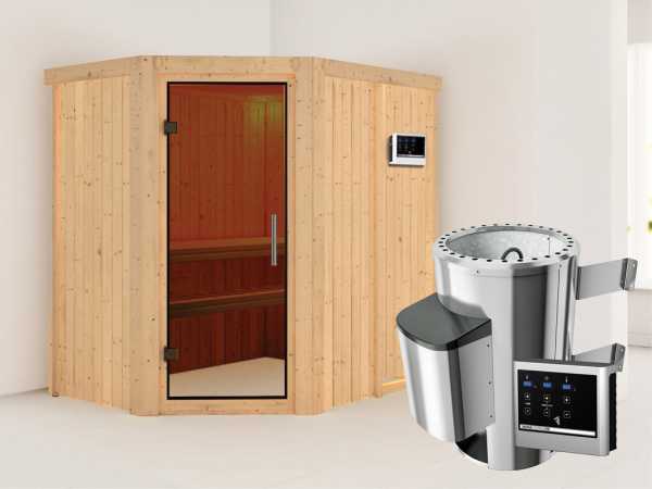 Sauna Systemsauna Saja graphit Ganzglastür + Plug & Play Saunaofen mit externer Steuerung