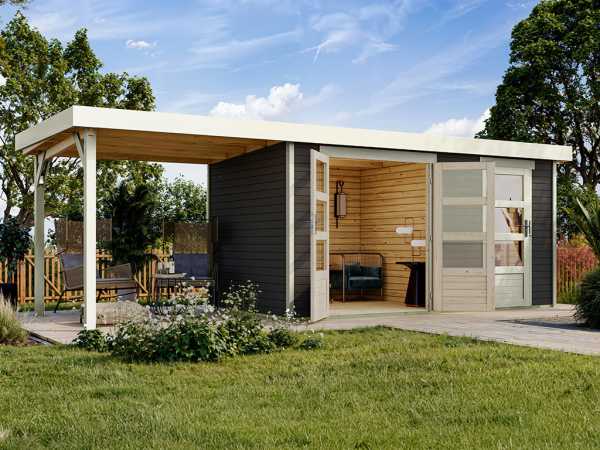 Gartenhaus Zweiraumhaus Nordhorn 19 mm terragrau inkl. 2,4 m Anbaudach