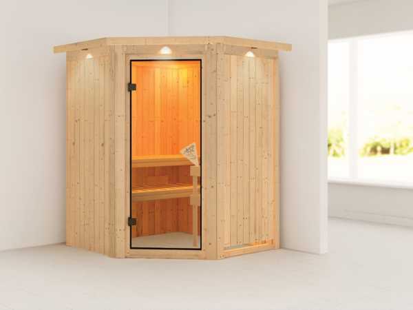 Systemsauna Larin mit Dachkranz, bronzierte Ganzglastür