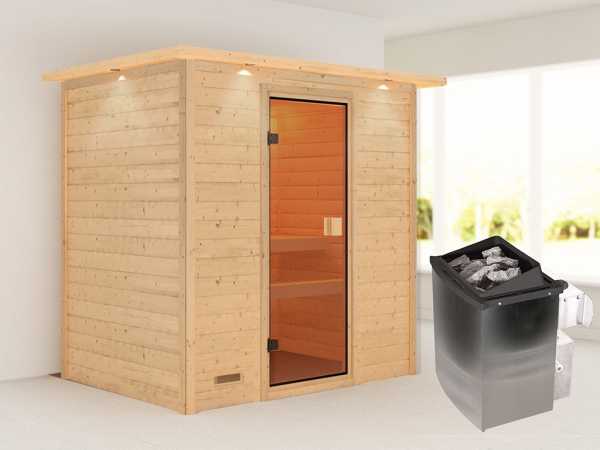 Sauna Massivholzsauna Selena mit Dachkranz, inkl. 9 kW Ofen mit integrierter Steuerung