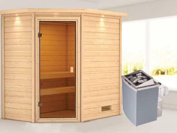 Sauna "Jella" mit bronzierter Glastür und Dachkranz + 9 kW Saunaofen integr. Strg.