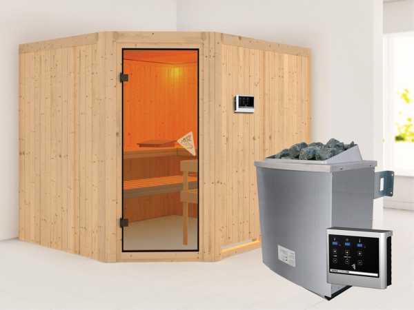 Systemsauna Malin bronzierte Ganzglastür, inkl. 9 kW Saunaofen ext. Steuerung