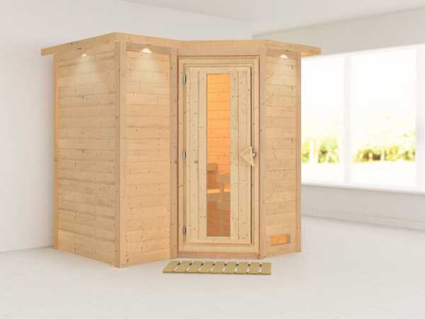Massivholzsauna Sahib 1 mit Dachkranz, Holztür mit Isolierglas