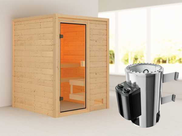 Sauna "Sandra" mit bronzierter Glastür + 3,6 kW Plug & Play Saunaofen integr. Strg.